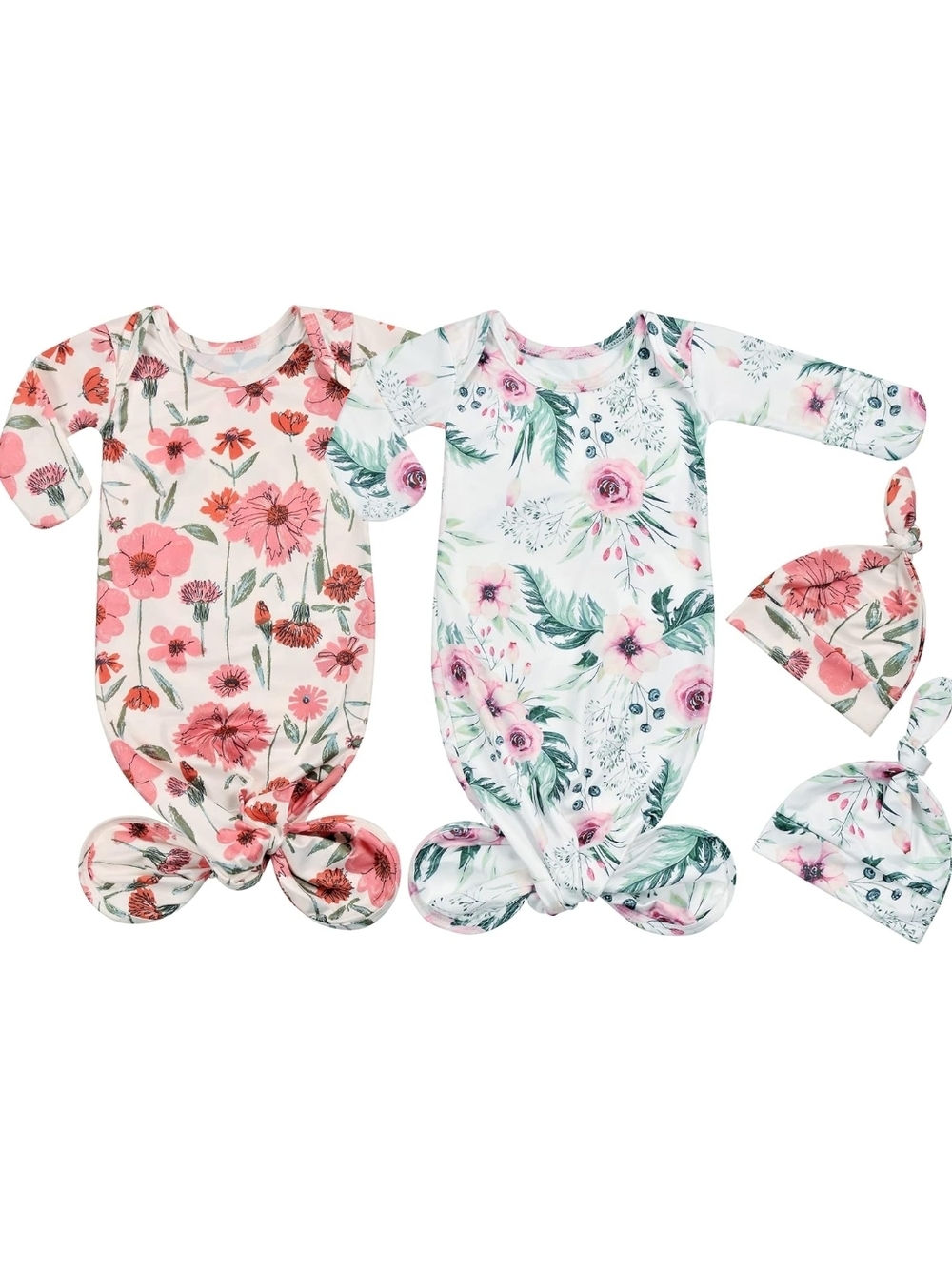 Floral Knotted Baby Gown Set - Pink & Green
